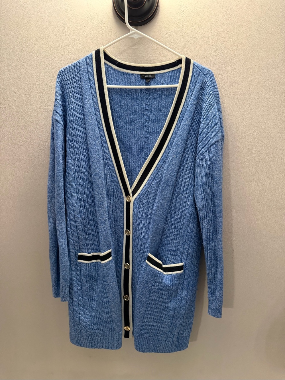 Talbots Blue Cable Knit Varsity Longline Cardigan Sweater Large Striped‎ Trim